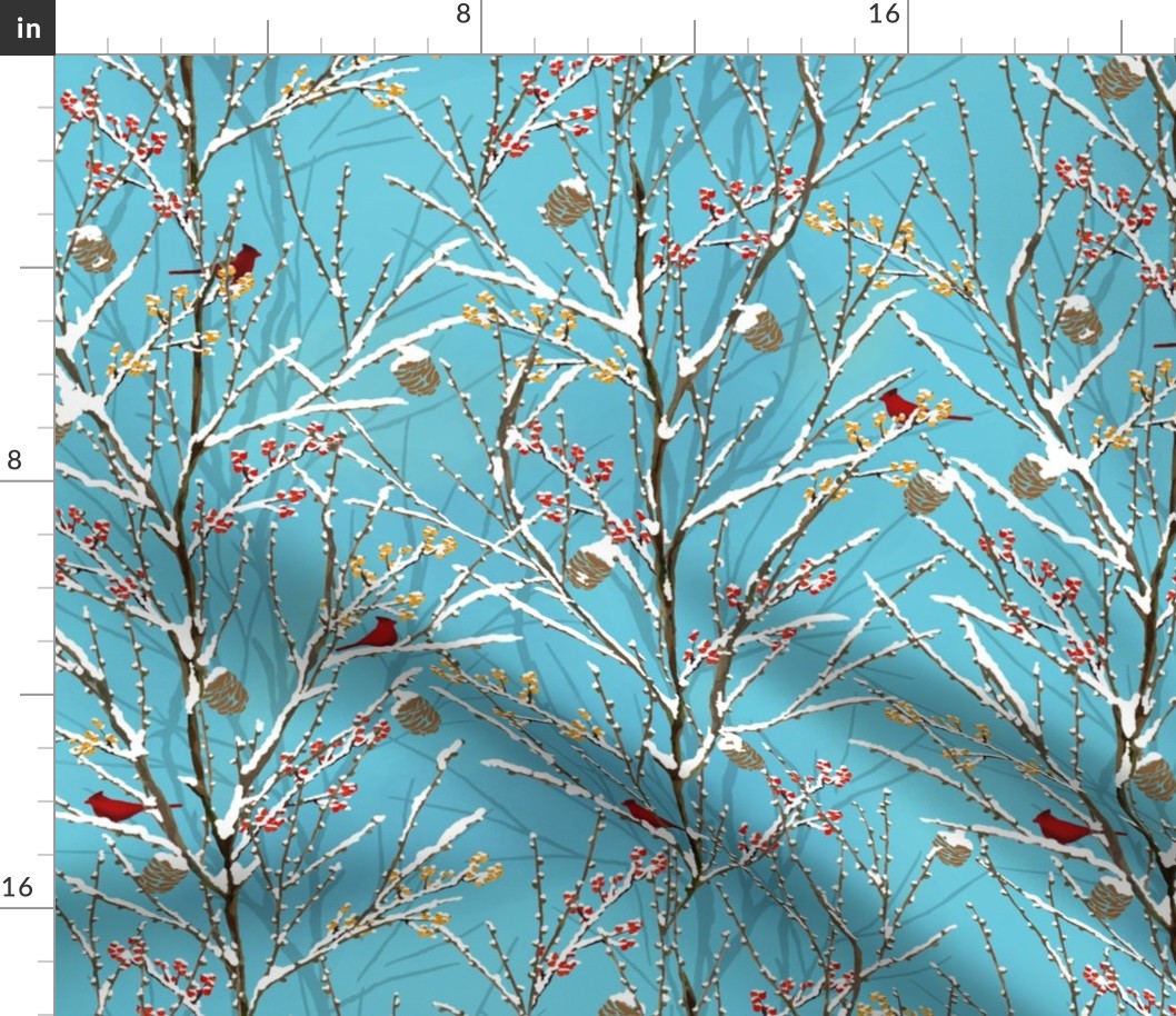 Cardinals on Snowy Trees - Aqua-Blue Sky