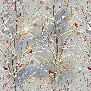 Cardinals on Snowy Trees - Gray Sky
