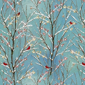 Cardinals on Snowy Trees - Blue Watercolor Sky