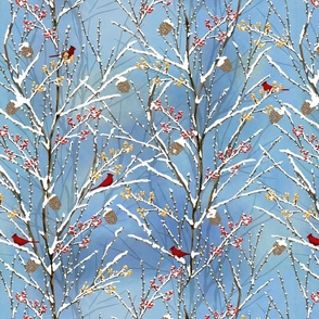 Cardinals on Snowy Trees - Blue Sky 