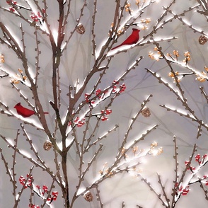 Frosty Morning - Cardinals on Snowy Branches- Gray Mist