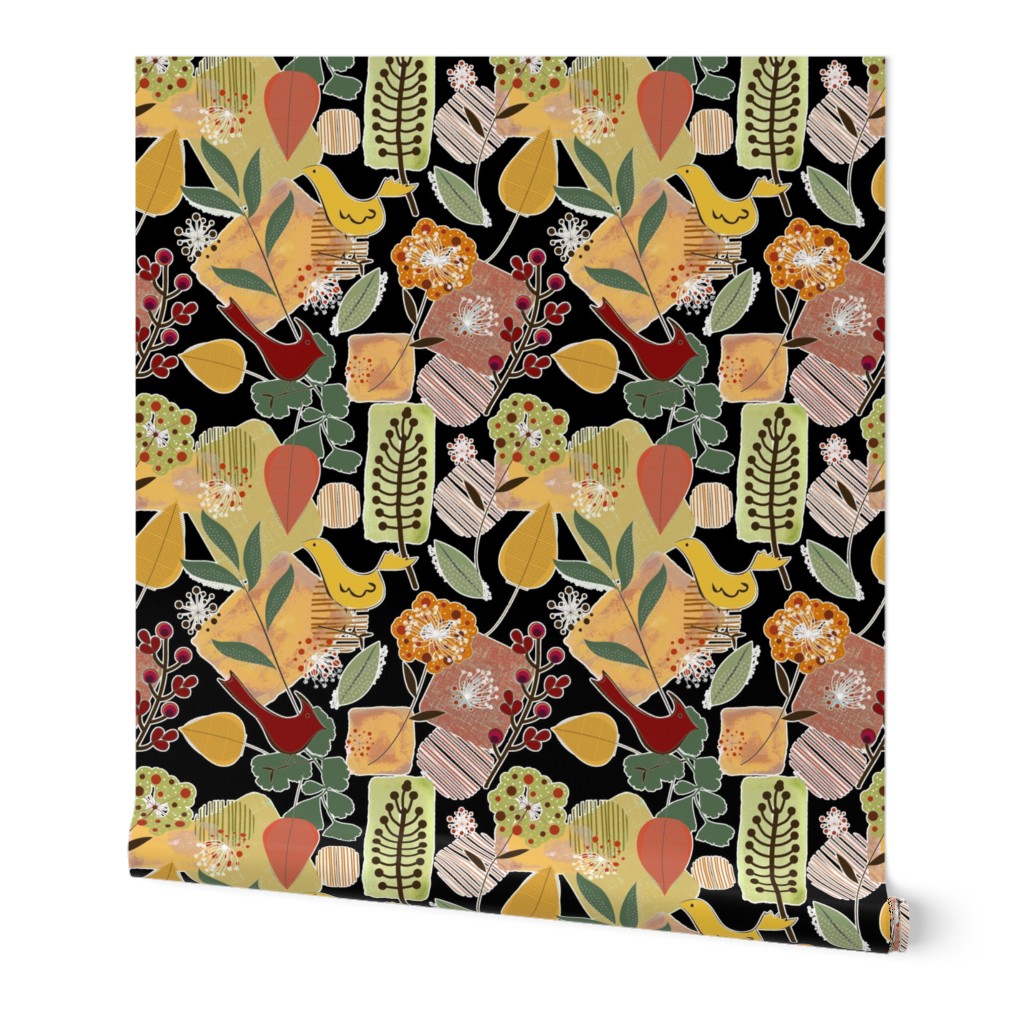 Scandi Flower Valley- Golds on Black 