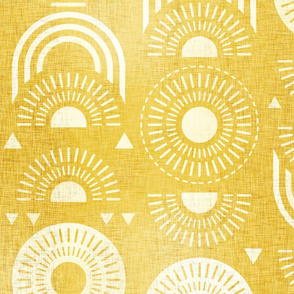 Boho Sunshine- White on Yellow Background- Bohemian Mid Century Sun- Mid Mod Sunburst- Summer- Goldenrod Yellow- Dandelion- Sunflower- Rainbow- Linen Texture- Large Scale- Home Decor- Wallpaper