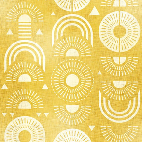 Boho Sunshine- White on Yellow Background- Bohemian Mid Century Sun- Mid Mod Sunburst- Summer- Goldenrod Yellow- Dandelion- Sunflower- Rainbow- Linen Texture- Medium Scale- Home Decor- Wallpaper