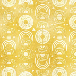 Boho Sunshine- White on Yellow Background- Bohemian Mid Century Sun- Mid Mod Sunburst- Summer- Goldenrod Yellow- Dandelion- Sunflower- Rainbow- Linen Texture- Small Scale- Baby- Kids- Face Mask