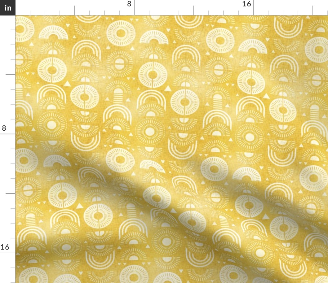 Boho Sunshine- White on Yellow Background- Bohemian Mid Century Sun- Mid Mod Sunburst- Summer- Goldenrod Yellow- Dandelion- Sunflower- Rainbow- Linen Texture- Mini- Small Scale- Baby- Kids- Face Mask