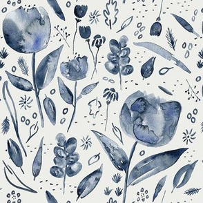 Watercolour Indigo Blue Flowers And Leaves Off White Medium