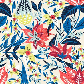 Boho Chintz Vintage Flowers in Red and blue on neutral background by Jac Slade