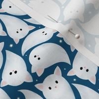 Small Scale Cute Halloween ghost cats kittens flying, surrounded with tiny sparkle star, Blue