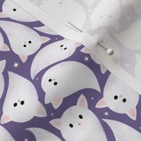 Small Scale Cute Halloween ghost cats kittens flying, surrounded with tiny sparkle star, Purple