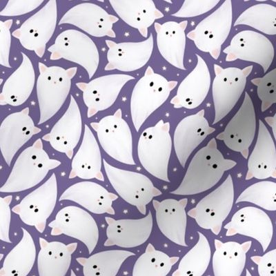 Small Scale Cute Halloween ghost cats kittens flying, surrounded with tiny sparkle star, Purple