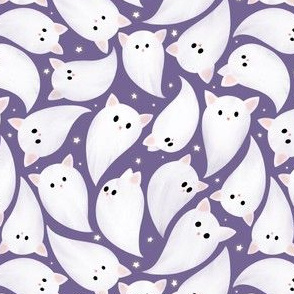 Small Scale Cute Halloween ghost cats kittens flying, surrounded with tiny sparkle star, Purple