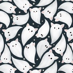 Small Scale Cute Halloween ghost cats kittens flying, surrounded with tiny sparkle star, Black