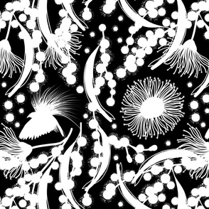 Wattle, Blossom Paradise - white on black, medium/large 