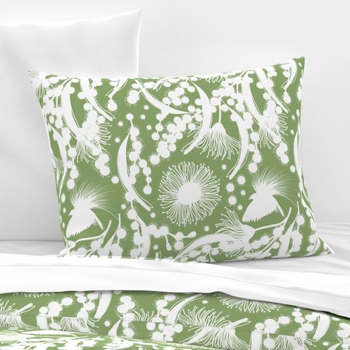 Wattle, Blossom Paradise - white on jade green, medium/large 