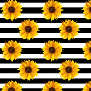 Sunflowers on Black and White Stripes-Large