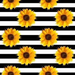 Sunflowers on Black and White Stripes