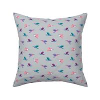 Cute tropical hummingbirds adorable birds print blue purple pink on gray