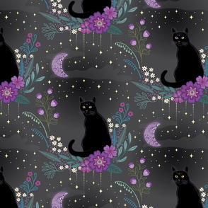 Cat in the midnight garden -purple and grey -  medium