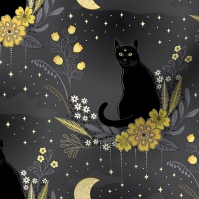 Cat in the midnight garden - yellow and grey -  small