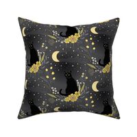 Cat in the midnight garden - yellow and grey -  small