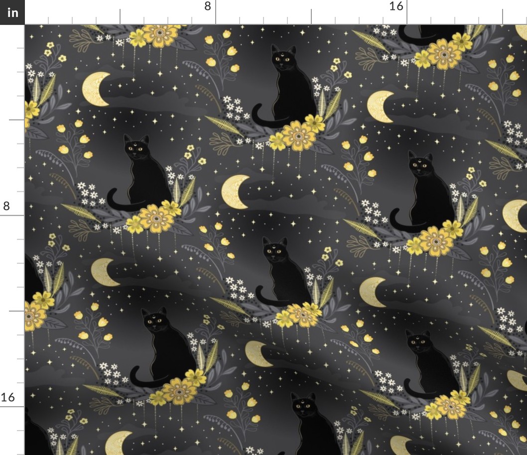 Cat in the midnight garden - yellow and grey -  small