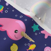 Rainbow Narwhals Swimming Blue