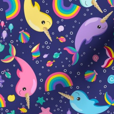 Rainbow Narwhals Swimming Blue