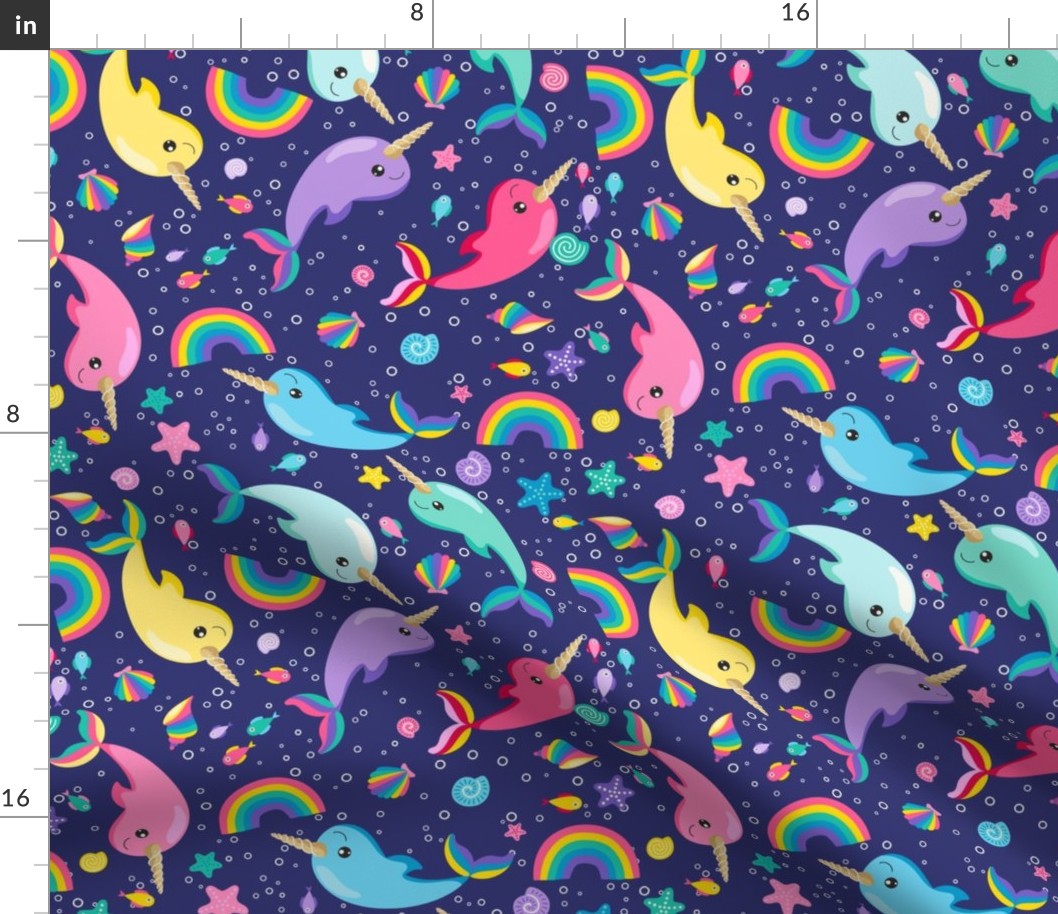 Rainbow Narwhals Swimming Blue