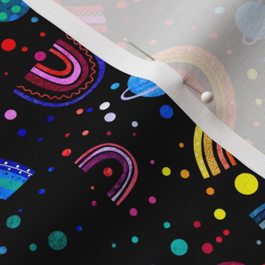 Watercolor rainbows and planets in space Fabric | Spoonflower