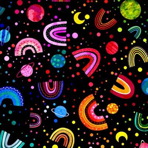 Watercolor rainbows and planets in space black
