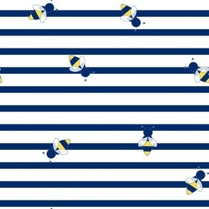 Whimsical Buzzy Bees on Navy and White Horizontal Stripe