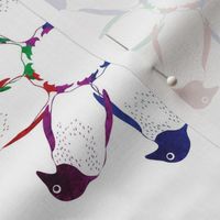 colorful penguins in  circles, purple, red, blue and green