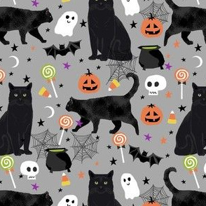 black cat halloween fabric - halloween cat lady design - grey