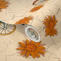 Bicycles with flower basket with crackled Earth overlay orange, teal, red on cream