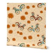 Bicycles with flower basket with crackled Earth overlay orange, teal, red on cream