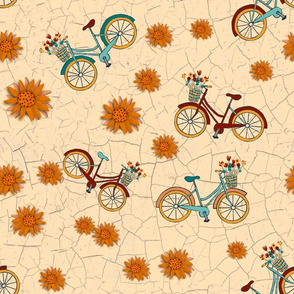 Bicycles with flower basket with crackled Earth overlay orange, teal, red on cream