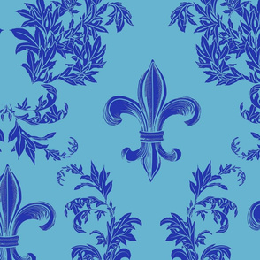 Blue Acanthus Fleur de Lis on Aqua