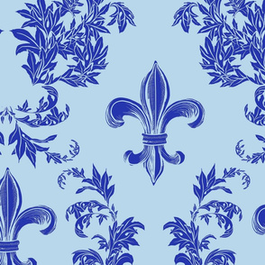 Blue Acanthus Fleur de Lis on Baby Blue