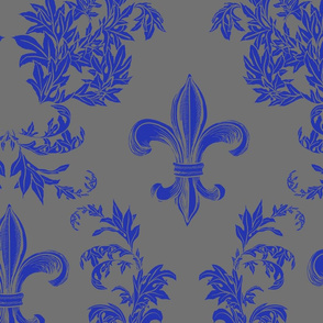 Blue Acanthus Fleur de lis on Gray