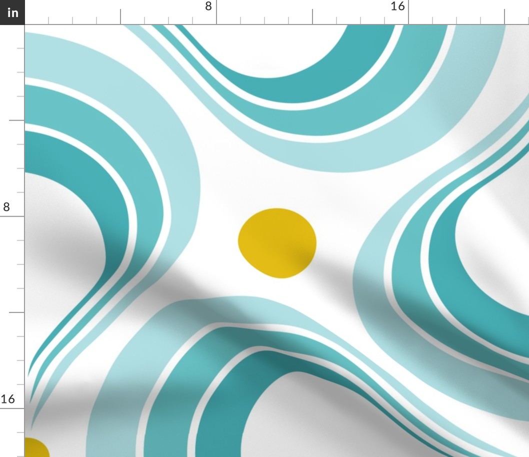 Planet Water Jumbo-70s Tear Drop- Retro Geometric Seventies- Summer Lakeside Abstract- Turquoise Blue and Yellow- Large Scale- Vintage Home Decor- Mid-century Wallpaper