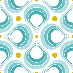 Planet Water Medium- 70sTear Drop- Retro Geometric Seventies- Summer Lakeside Abstract- Turquoise Blue and Yellow- Large Scale- Vintage Home Decor- Mid-century Wallpaper