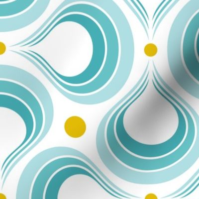Planet Water- Modern Abstract Bold- Geometric- 70s Vintage Fabric- Mid Century Wallpaper- Seventies Home Decor- Large Scale- Turquoise Blue- Golden Yellow- White