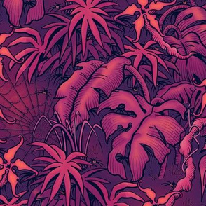 ★ SPOOKY JUNGLE ★ Spiders and Spiderwebs + Monstera, Banana Leaves and Tropical flowers / Purple, Pink, Coral - Small Scale / Collection : Welcome to the Jungle – Wild Tropical Prints