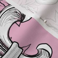 White Acanthus Fleur de Lis on Soft Raspberry Pink Background with black line