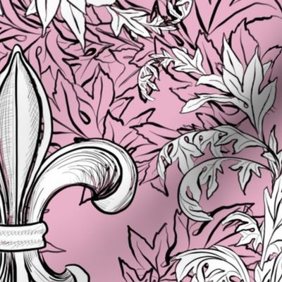 White Acanthus Fleur de Lis on Soft Raspberry Pink Background with black line