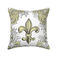 Cream Acanthus Fleur de Lis on White Background with black line