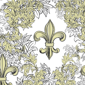 Cream Acanthus Fleur de Lis on White Background with black line