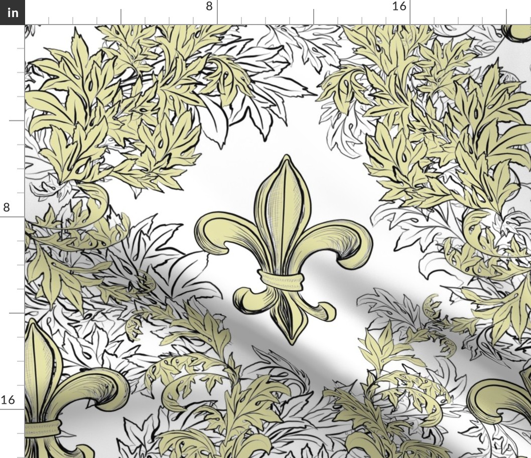 Cream Acanthus Fleur de Lis on White Background with black line