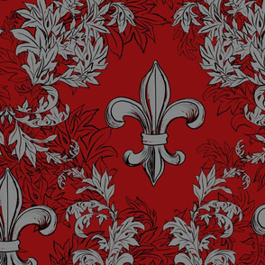 Gray Acanthus Fleur de Lis on Wine Red Background with black line